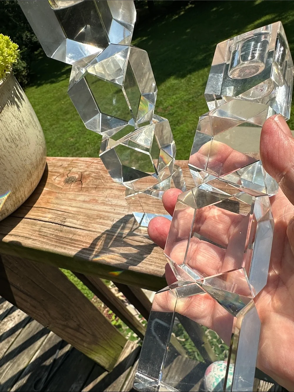 Pair of Post Modern Contemporary Cubist Shannon Crystal Candlestick Holders